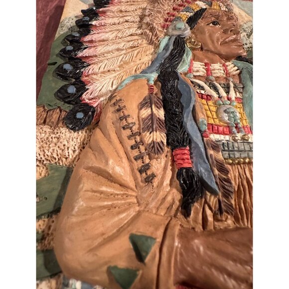 🖼️ Native American 3D Ceramic Wall Art – Warrior with Headdress‎ & Tomahawk - Picture 11 of 13